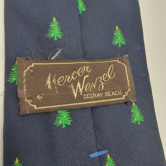 Vintage Christmas Tree Tie Works 100% Polyester Navy Blue Mercer Wenzel Holiday - Picture 3 of 5